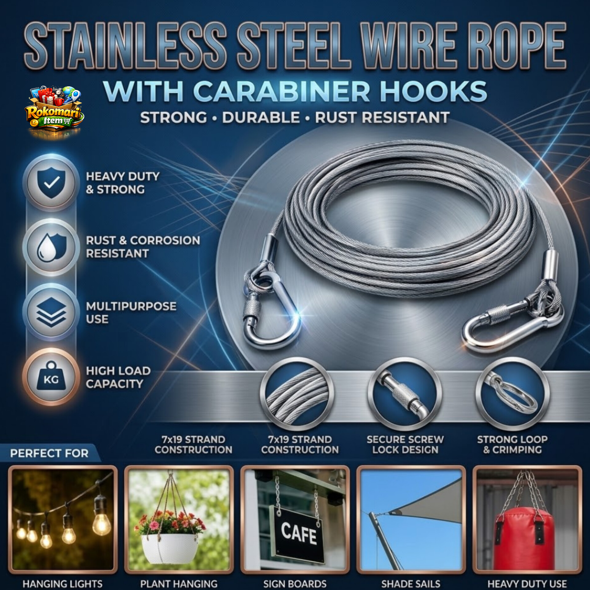 16 metre stainless steel rope