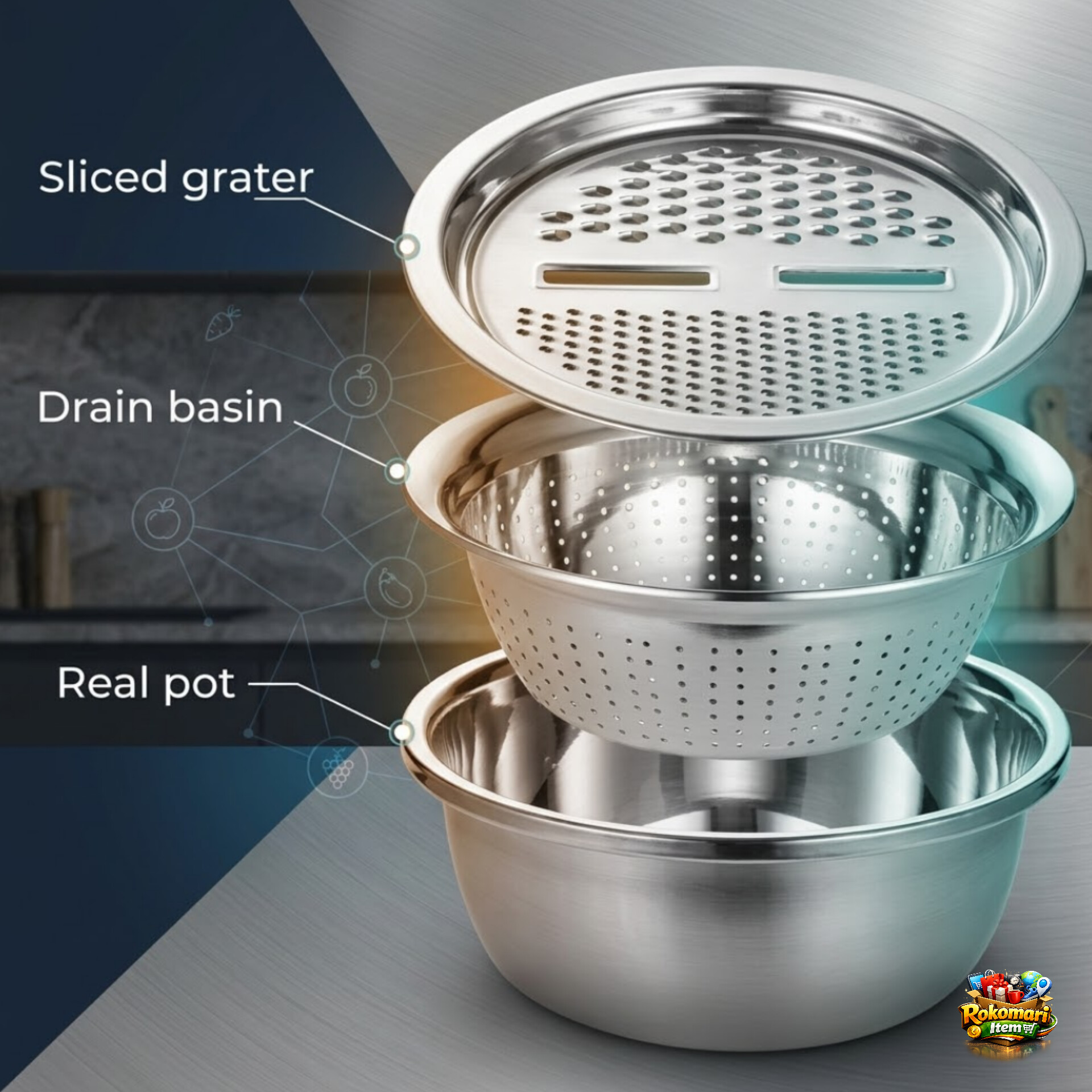 3 In 1  Vegetable Cutter & Drain Basket.