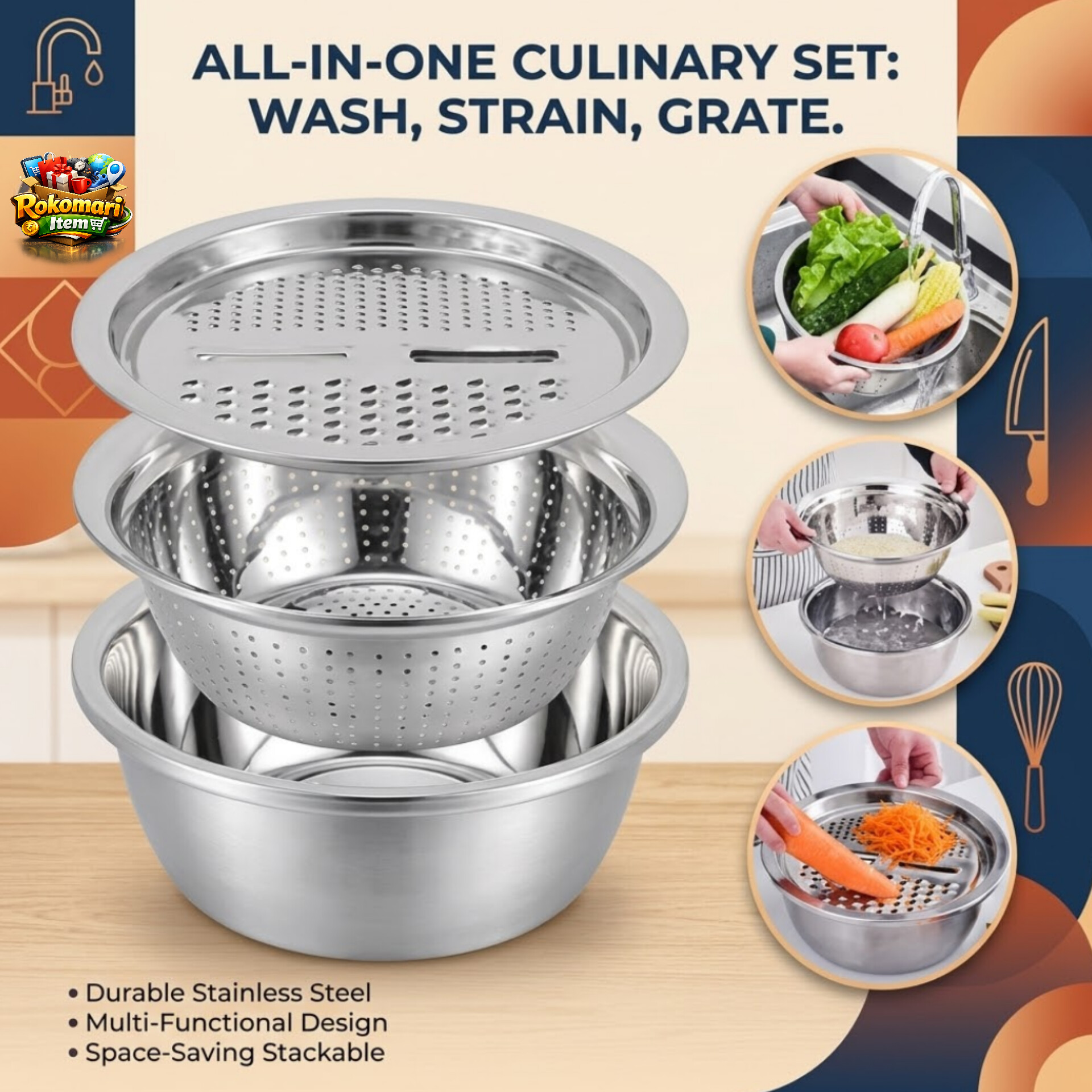 3 In 1  Vegetable Cutter & Drain Basket.
