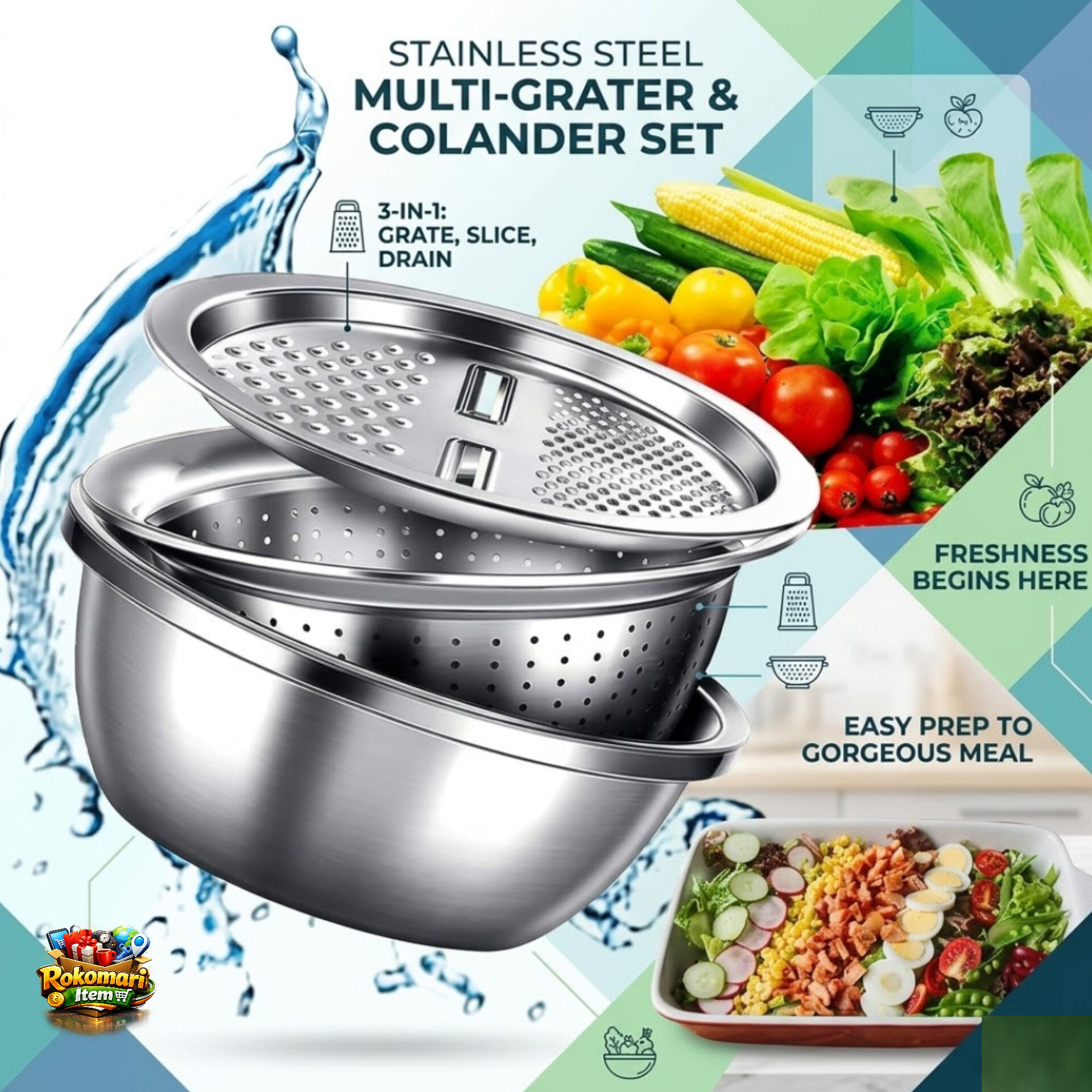 3 In 1  Vegetable Cutter & Drain Basket.